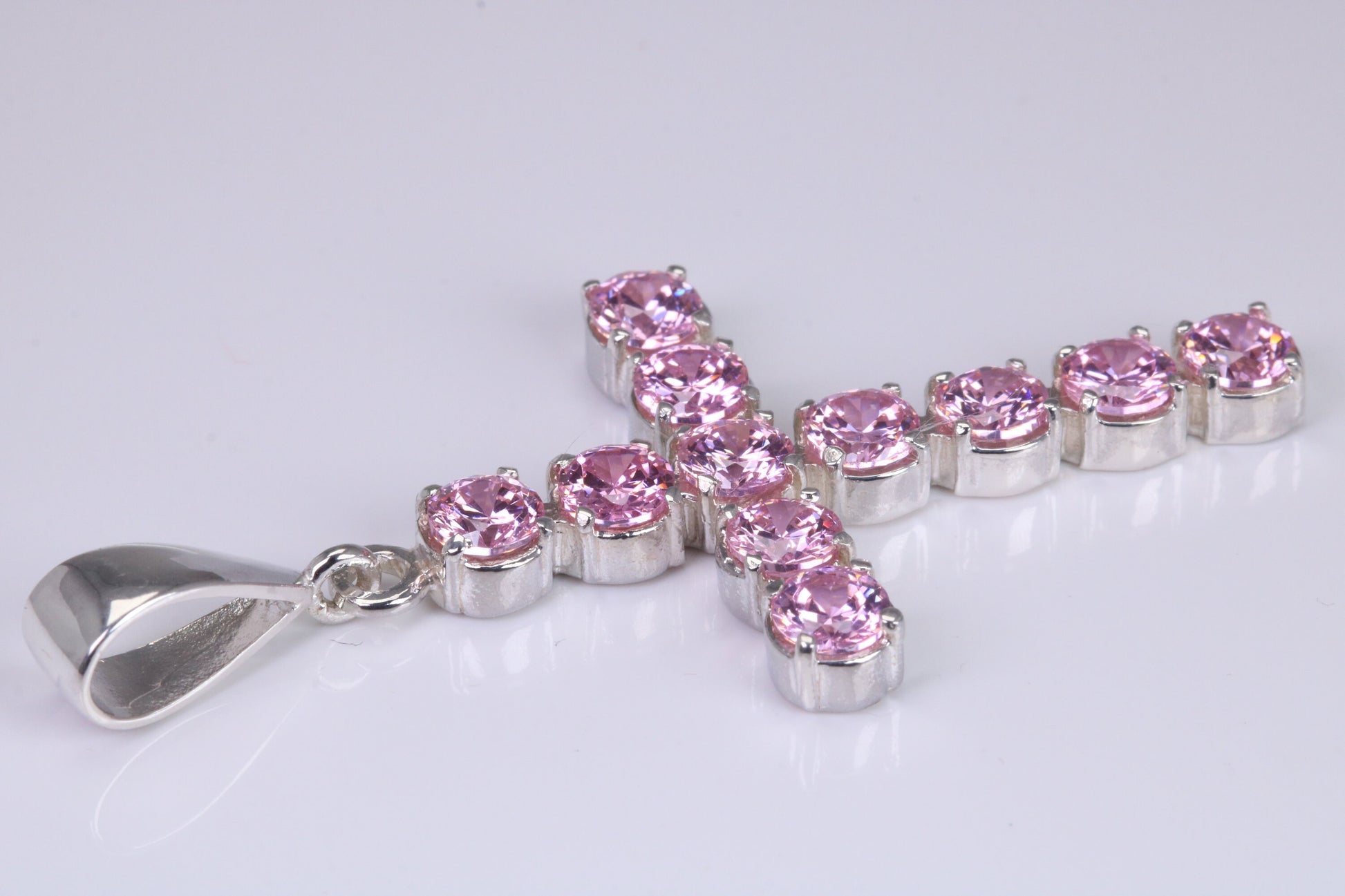 Pink Sapphire C Z set 60 mm Long Cross, Made From Solid Cast Silver