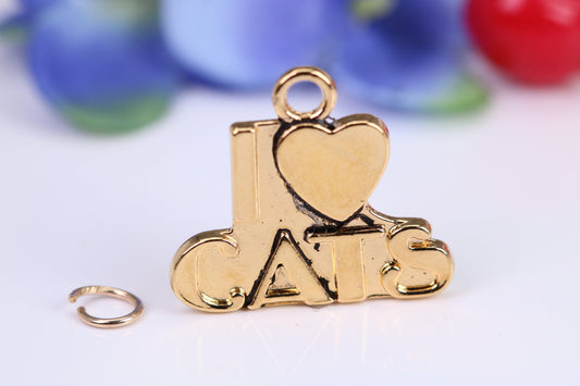 I Love Cats Charm, Traditional Charm, Made from Solid Cast Yellow Gold, British Hallmarked