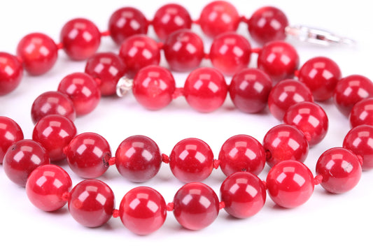 Natural 10 mm Round Red Coral Necklace with Solid Silver Lobster Claw Lock