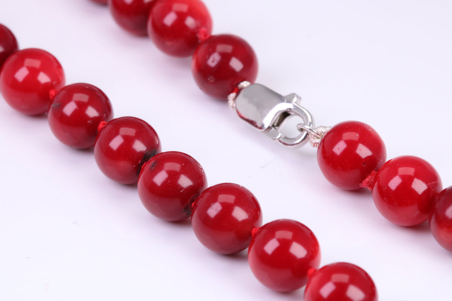 Natural 10 mm Round Red Coral Necklace with Solid Silver Lobster Claw Lock