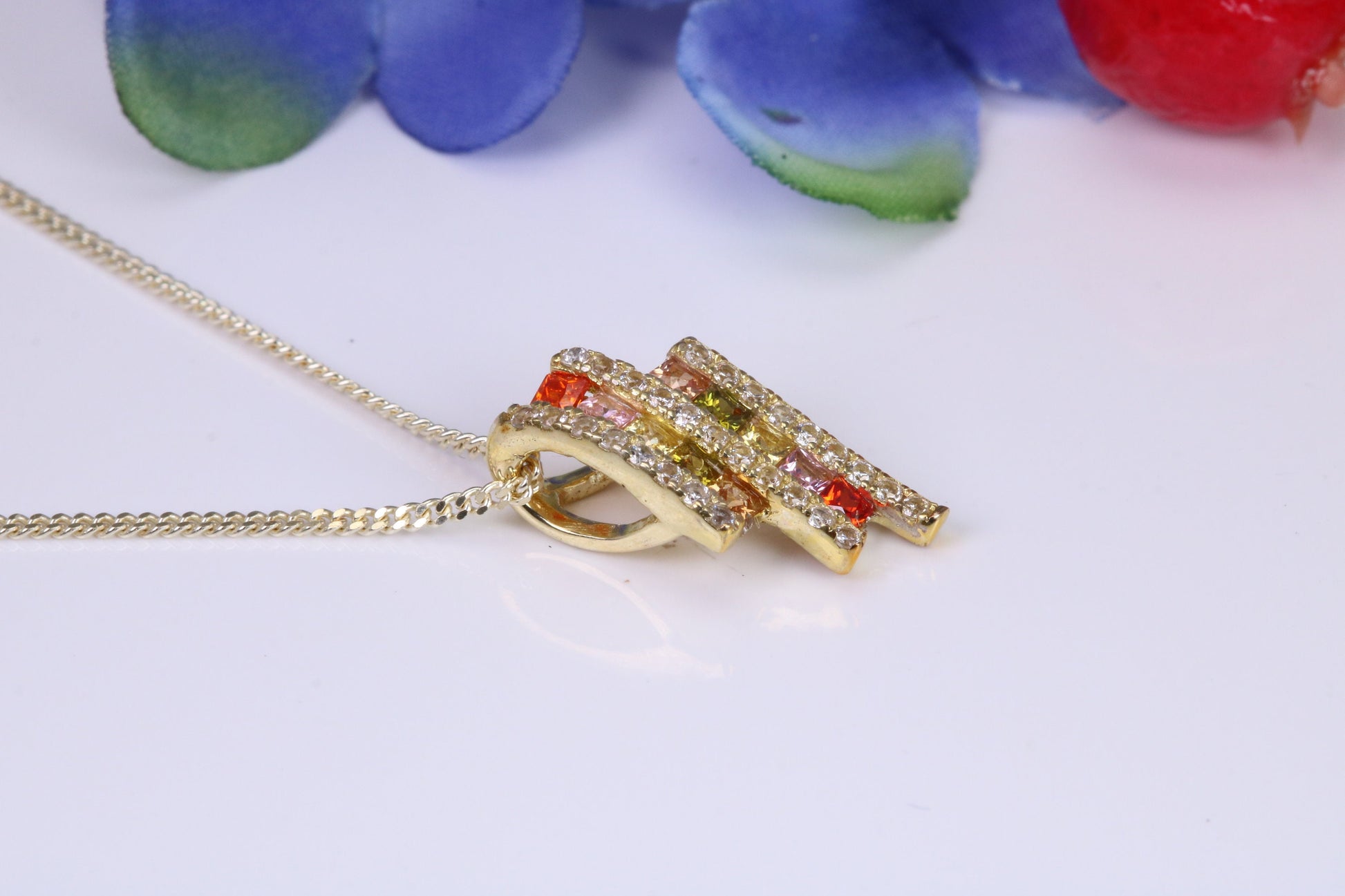 Rainbow Cubic Zirconia set Necklace, made from solid Sterling Silver, 18ct Yellow Gold Plated