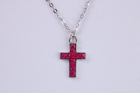 Red C Z set Cross Necklace, Made From Solid Cast Silver, Complete With Chain