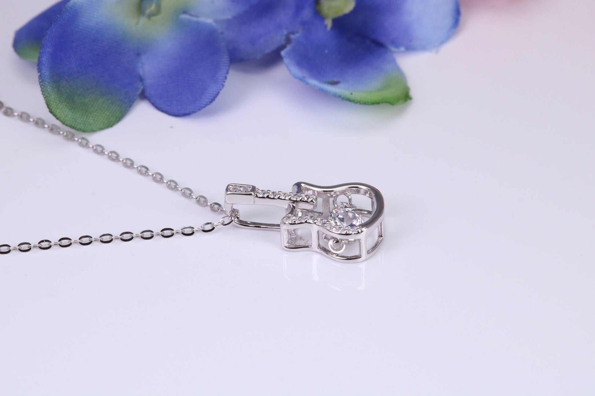 Guitar Necklace, C Z set, Made From Solid Silver, Length Adjustable Chain