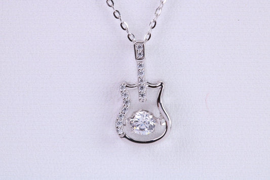 Guitar Necklace, C Z set, Made From Solid Silver, Length Adjustable Chain