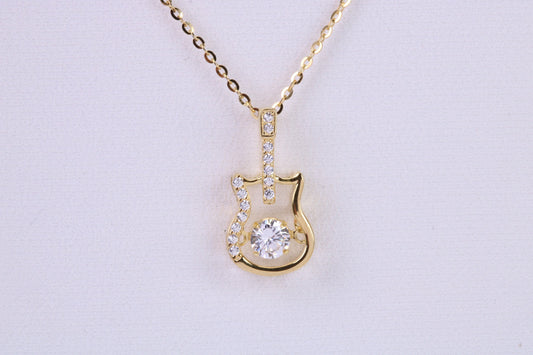 Guitar Necklace, C Z set, Made From Solid Silver, 18ct Yellow Gold Plated, Length Adjustable Chain