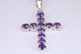 Amethyst C Z set 60 mm Long Cross, Made From Solid Cast Silver