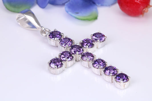 Amethyst C Z set 60 mm Long Cross, Made From Solid Cast Silver