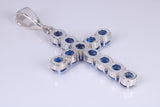 Blue Sapphire C Z set 60 mm Long Cross, Made From Solid Cast Silver
