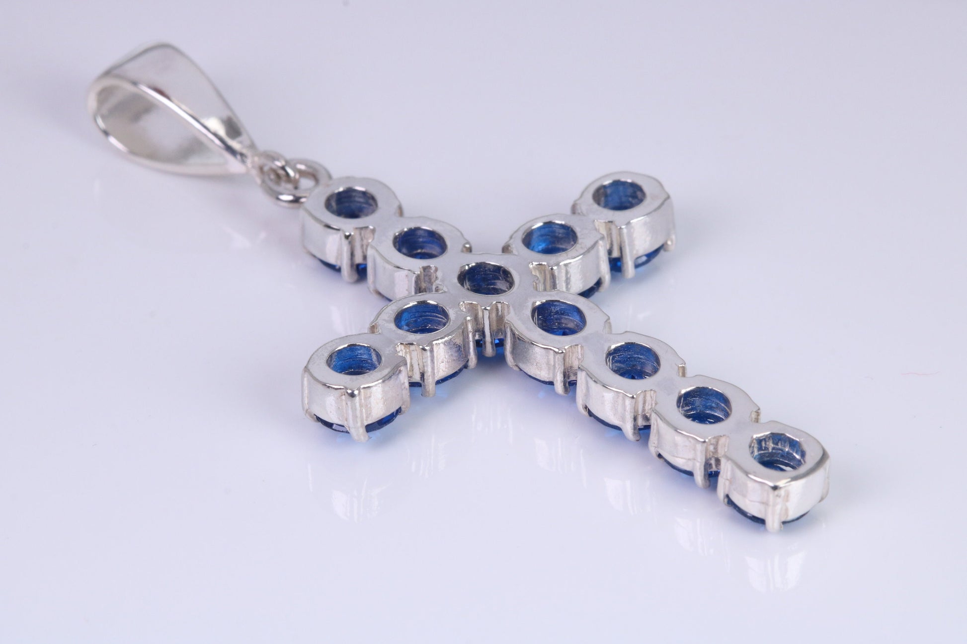 Blue Sapphire C Z set 60 mm Long Cross, Made From Solid Cast Silver