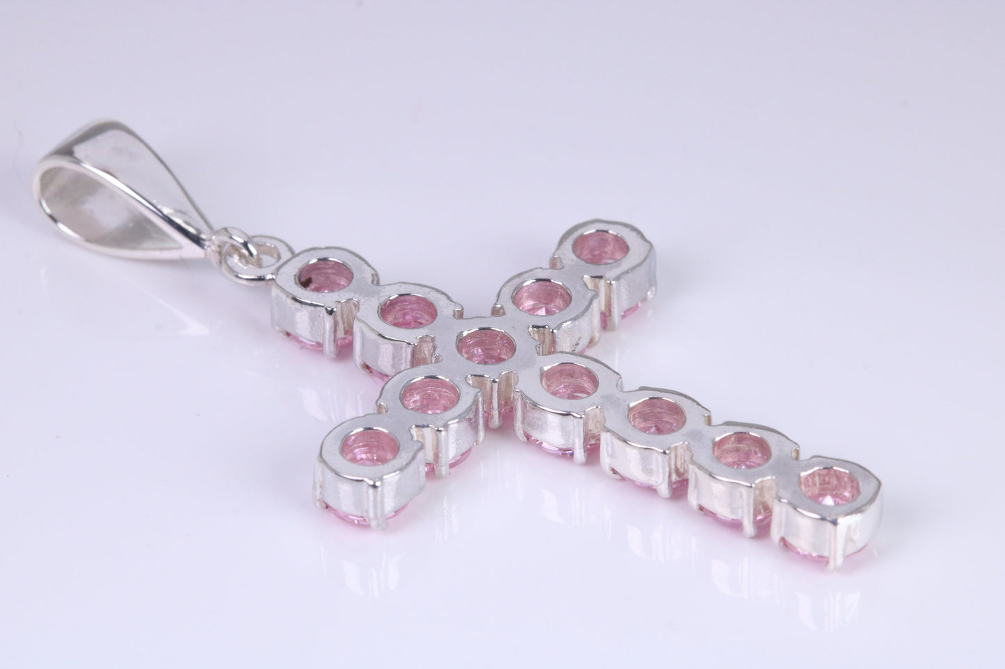 Pink Sapphire C Z set 60 mm Long Cross, Made From Solid Cast Silver