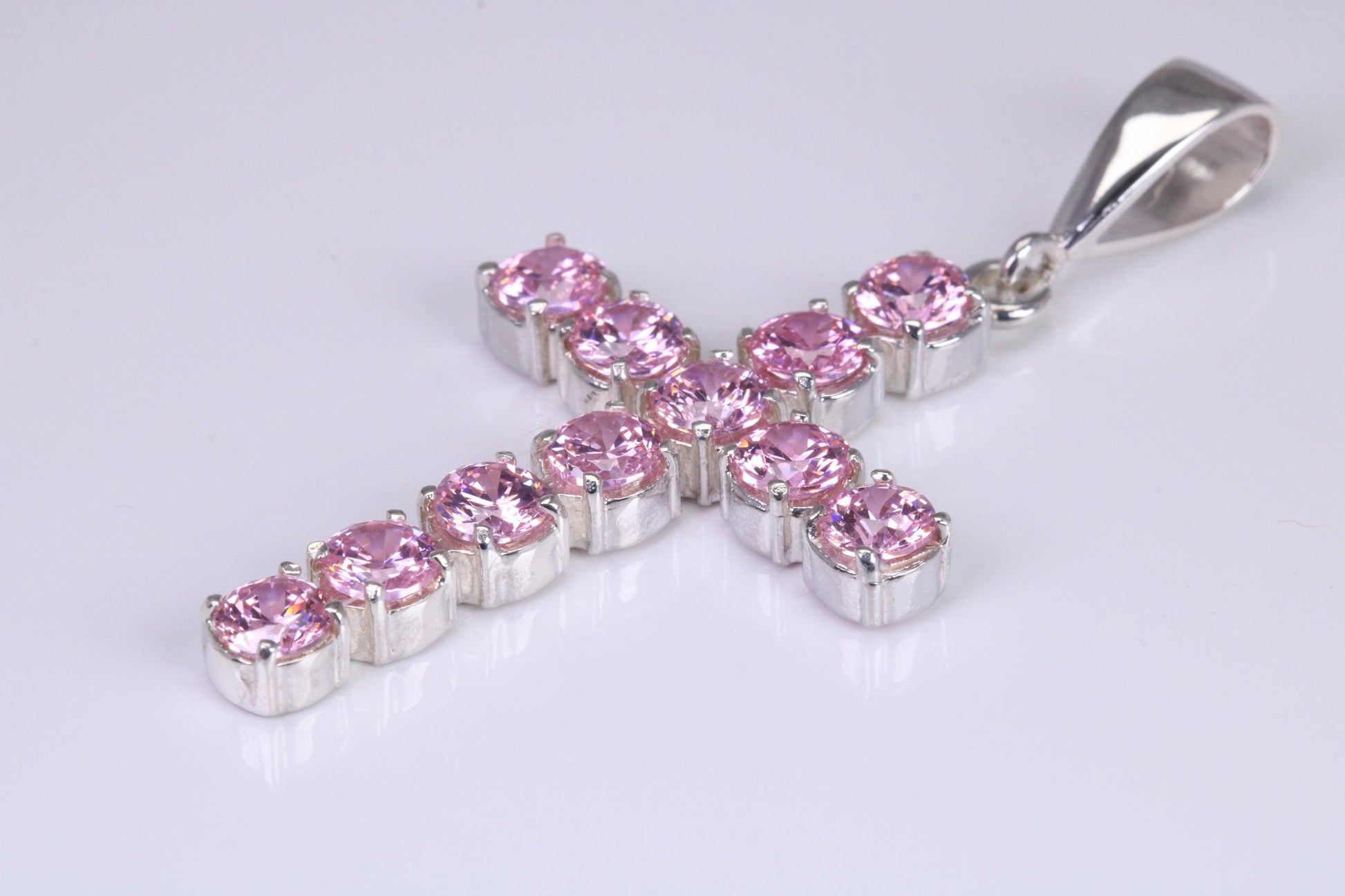 Pink Sapphire C Z set 60 mm Long Cross, Made From Solid Cast Silver