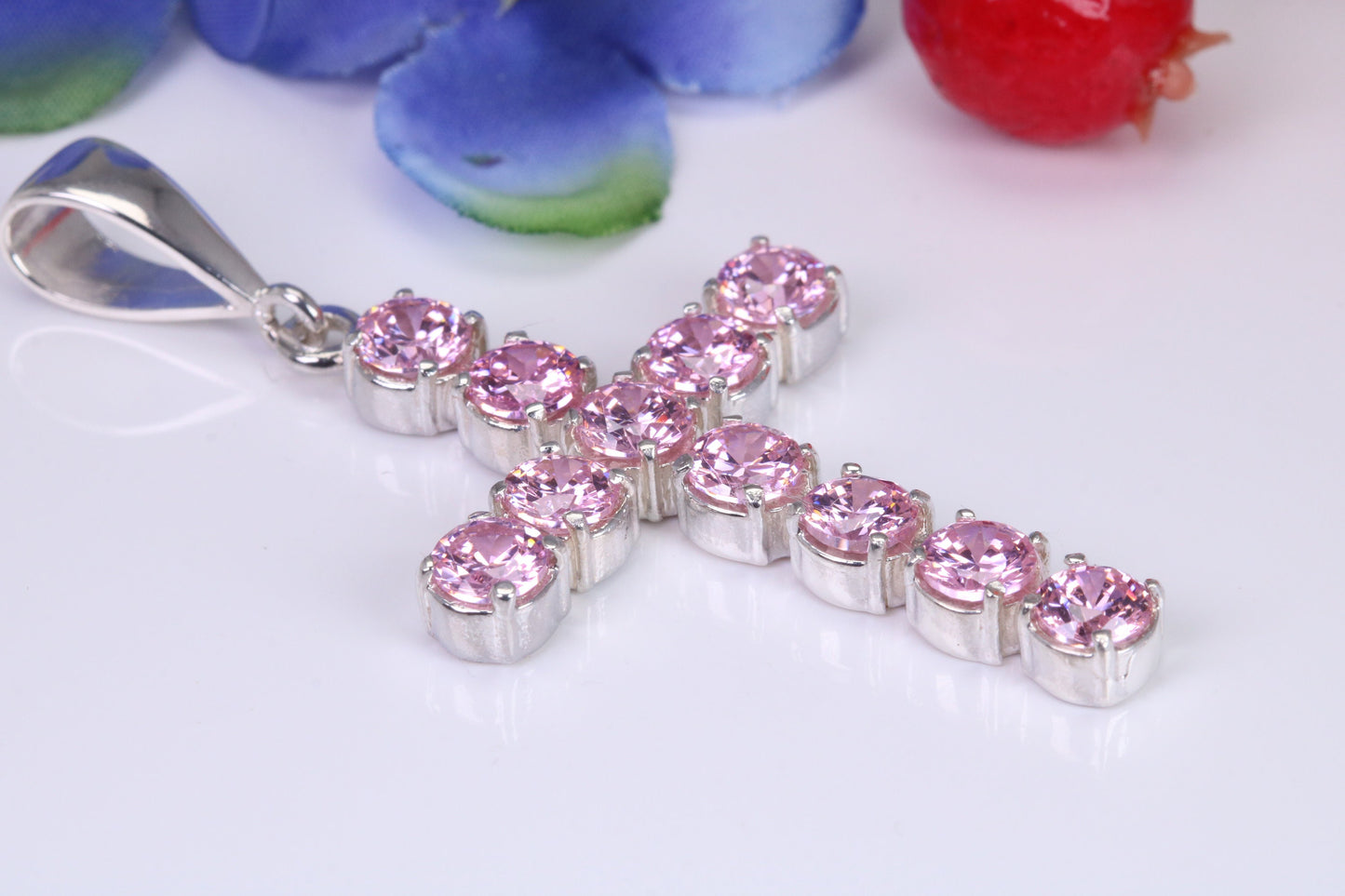 Pink Sapphire C Z set 60 mm Long Cross, Made From Solid Cast Silver