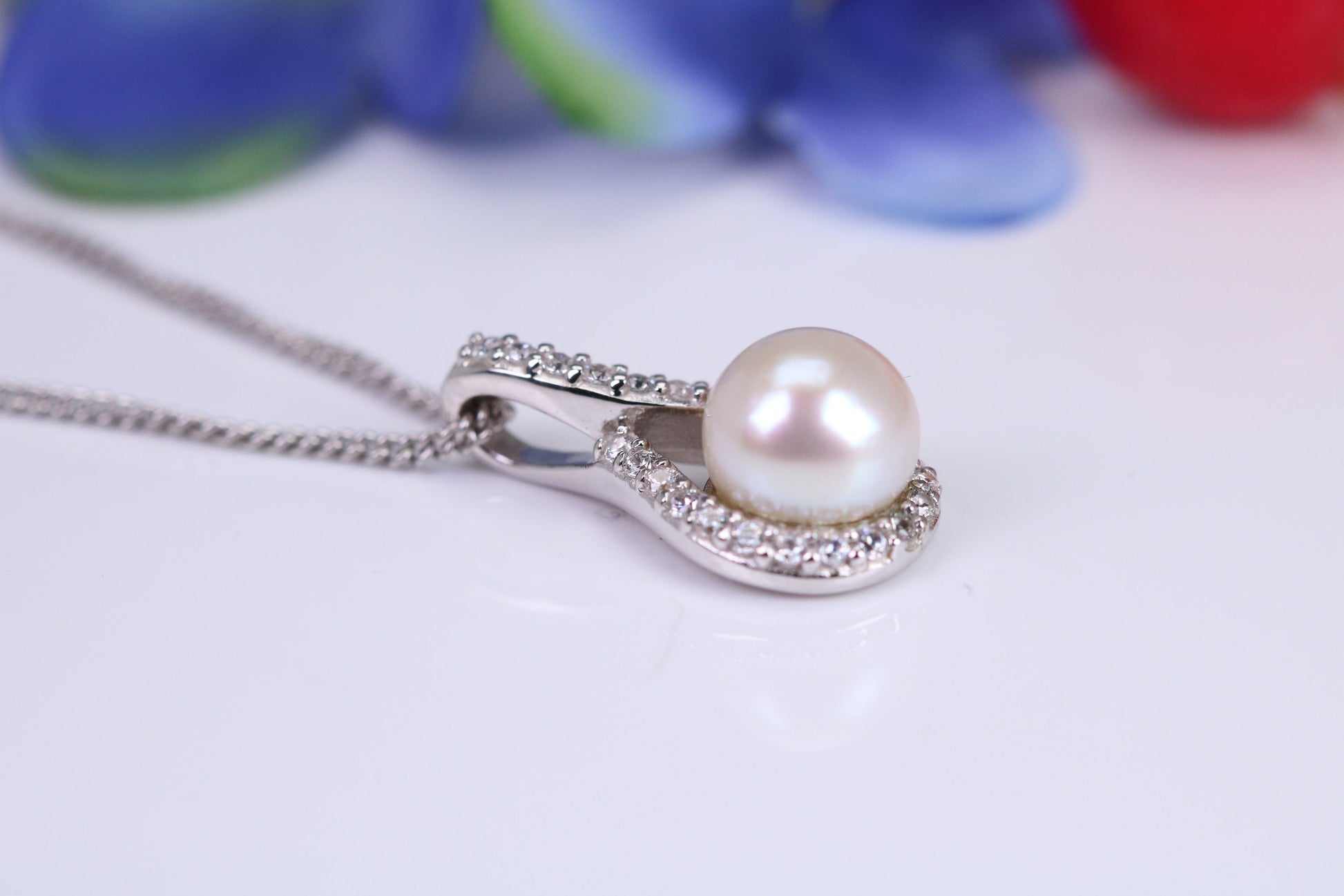 Natural Pearl and Cubic Zirconia set Necklace set in Solid Silver