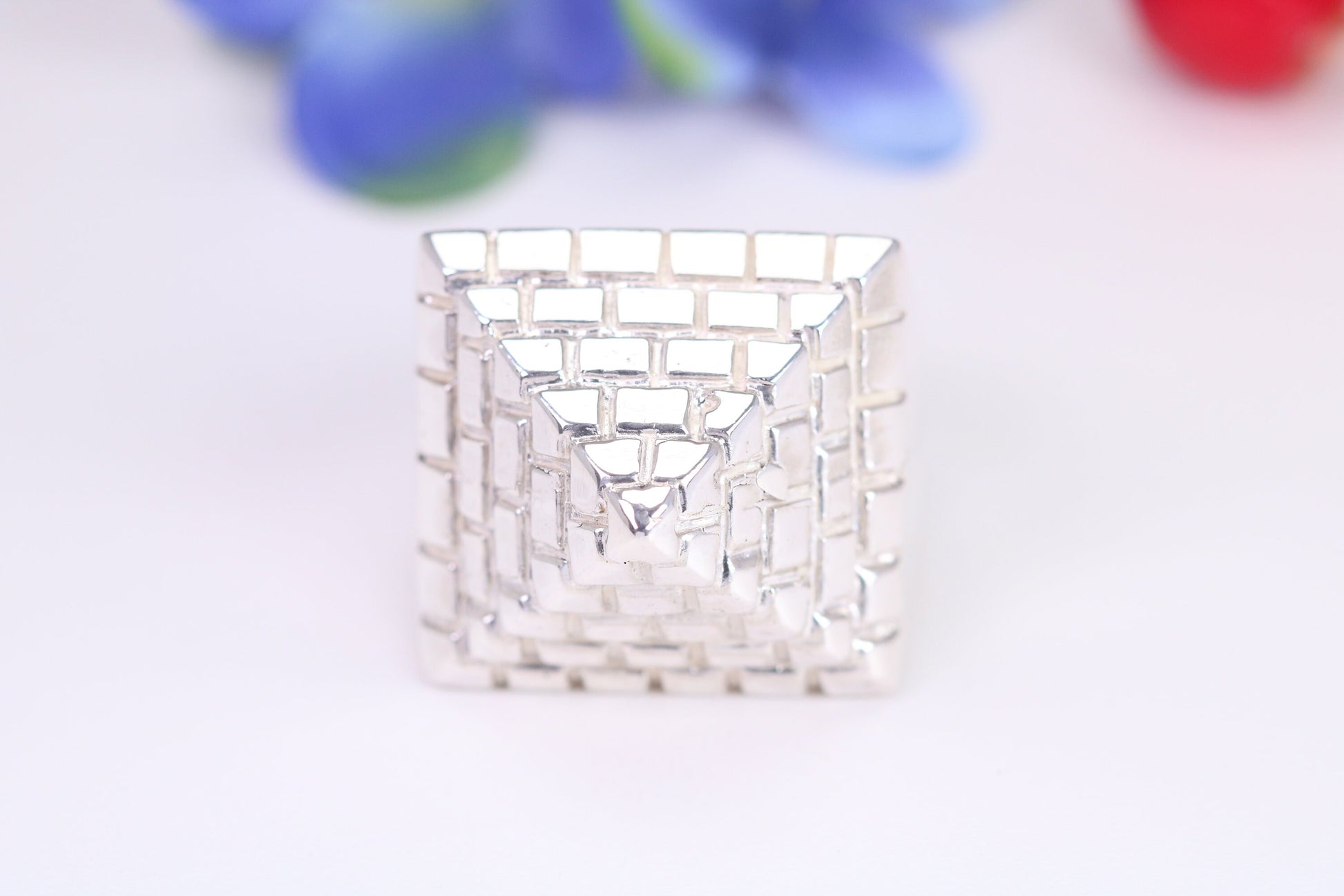 Very large and very heavy Pyramid ring, made from solid cast silver, British Hallmarked