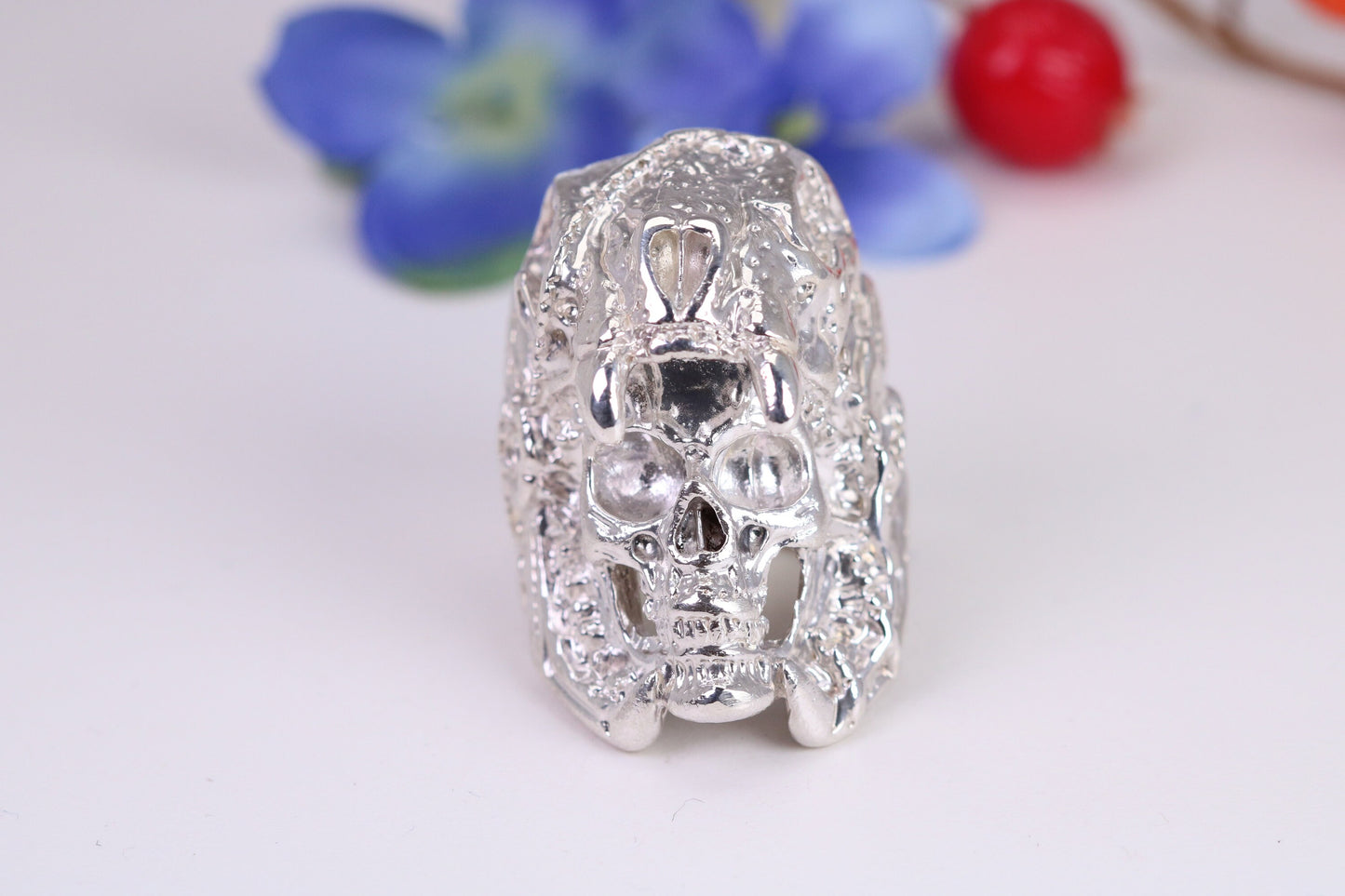 Very large detailed Skull Fanged ring, made from solid cast silver, British Hallmarked