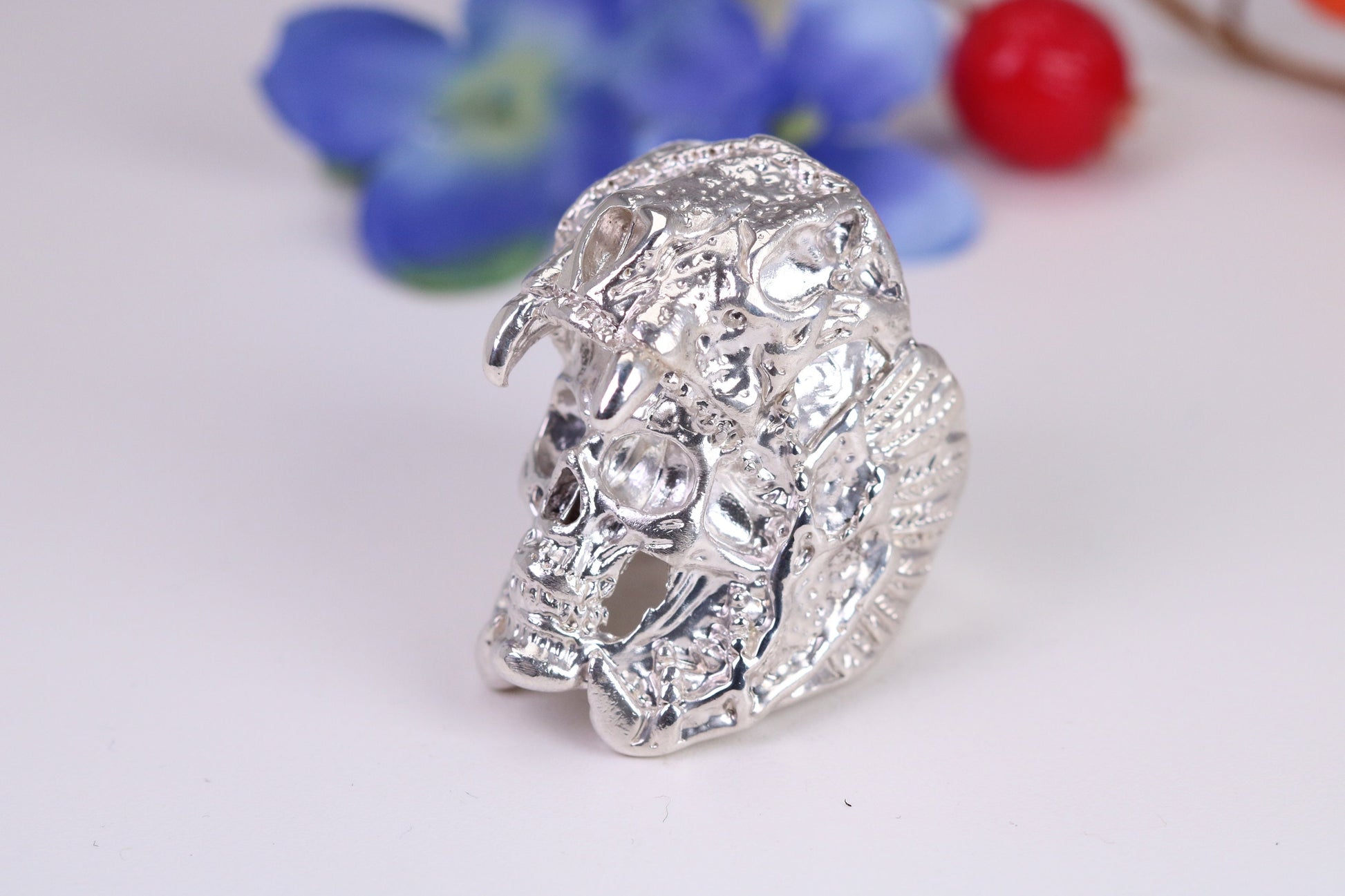 Very large detailed Skull Fanged ring, made from solid cast silver, British Hallmarked