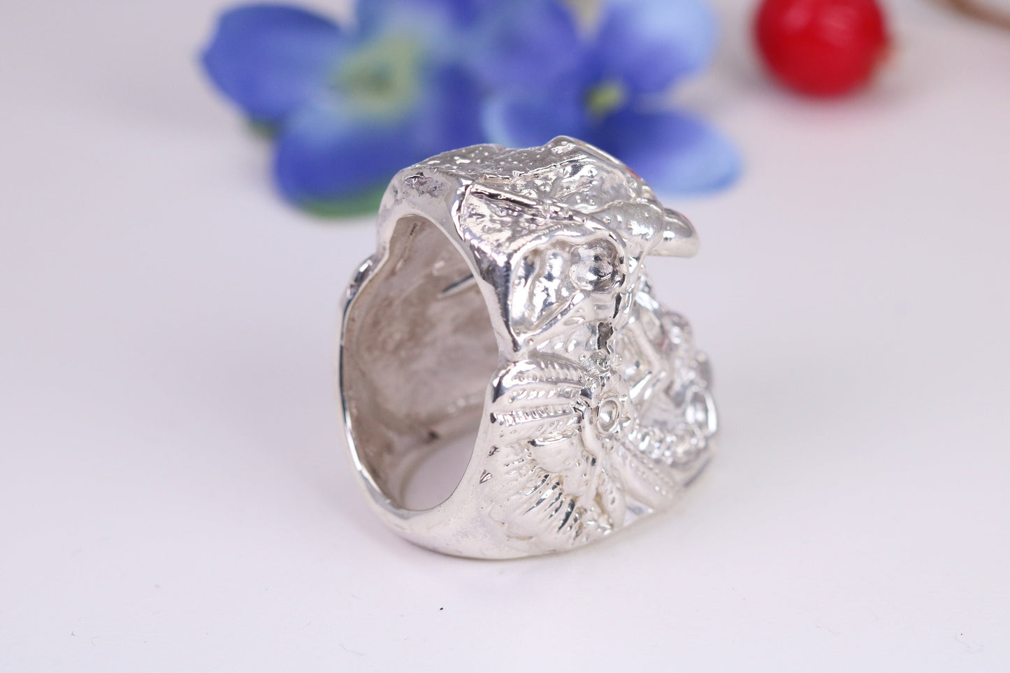 Very large detailed Skull Fanged ring, made from solid cast silver, British Hallmarked