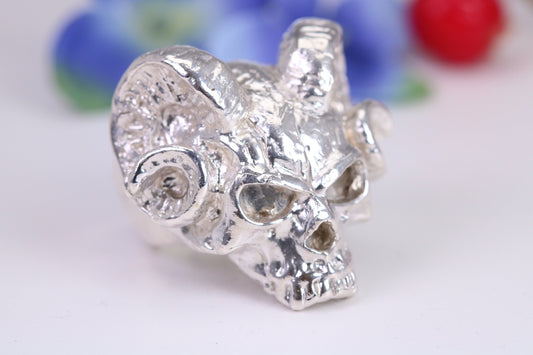 Very large and heavy Ram Skull head ring, made from solid cast silver, British Hallmarked