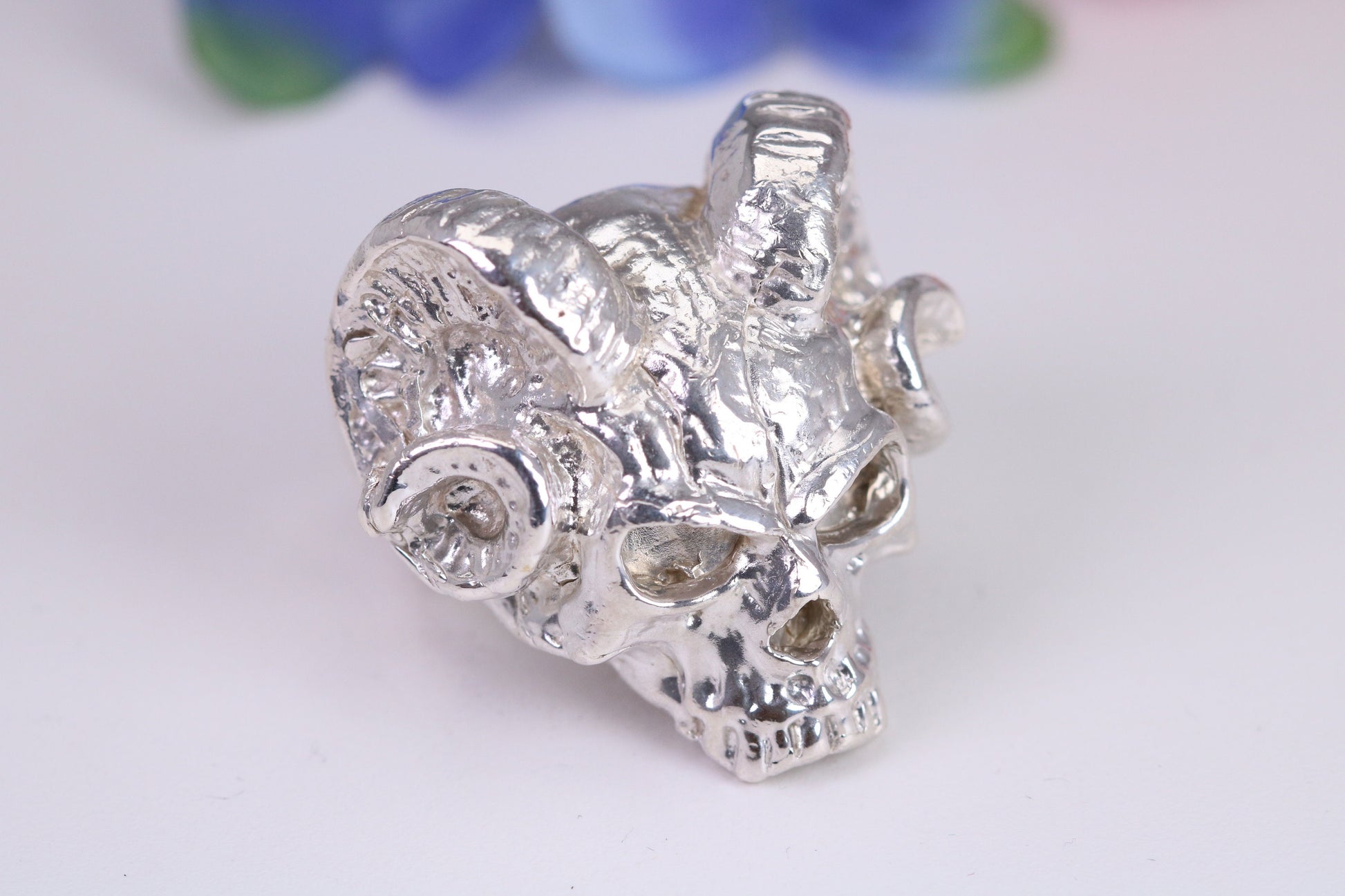 Very large and heavy Ram Skull head ring, made from solid cast silver, British Hallmarked