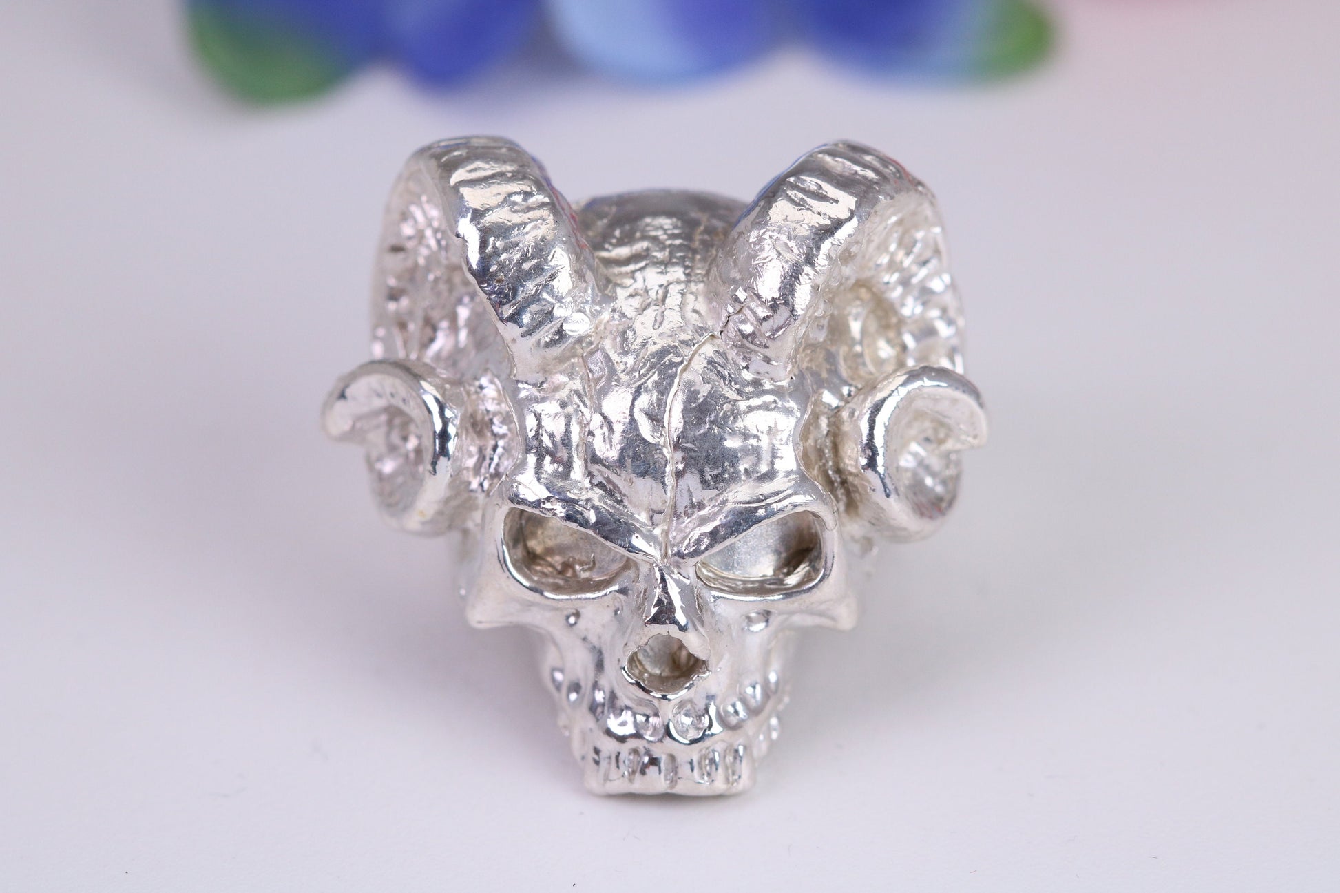 Very large and heavy Ram Skull head ring, made from solid cast silver, British Hallmarked
