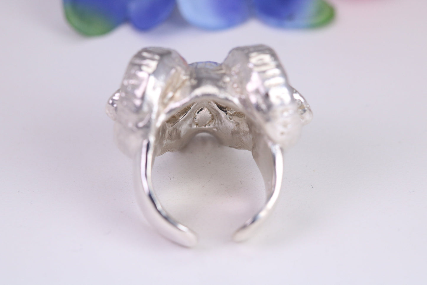 Very large and heavy Ram Skull head ring, made from solid cast silver, British Hallmarked