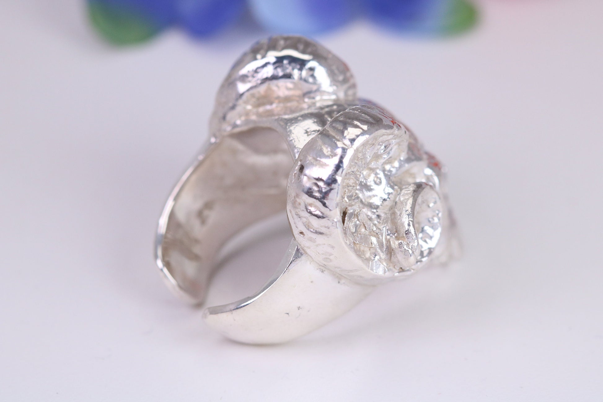 Very large and heavy Ram Skull head ring, made from solid cast silver, British Hallmarked