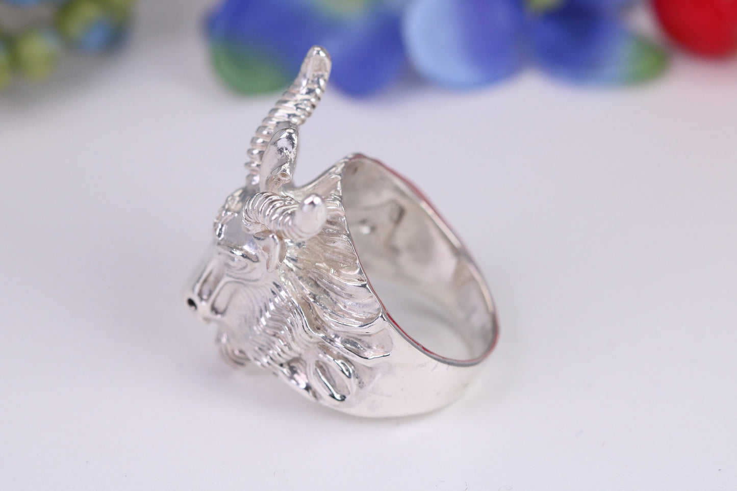 Very large and heavy Rams head ring, made from solid cast silver, British Hallmarked