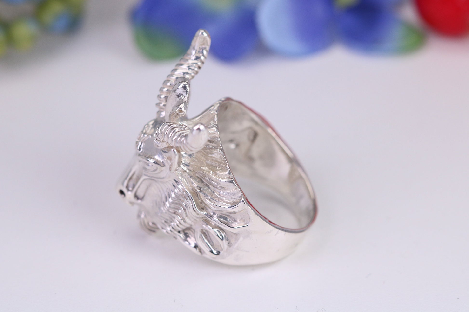 Very large and heavy Rams head ring, made from solid cast silver, British Hallmarked