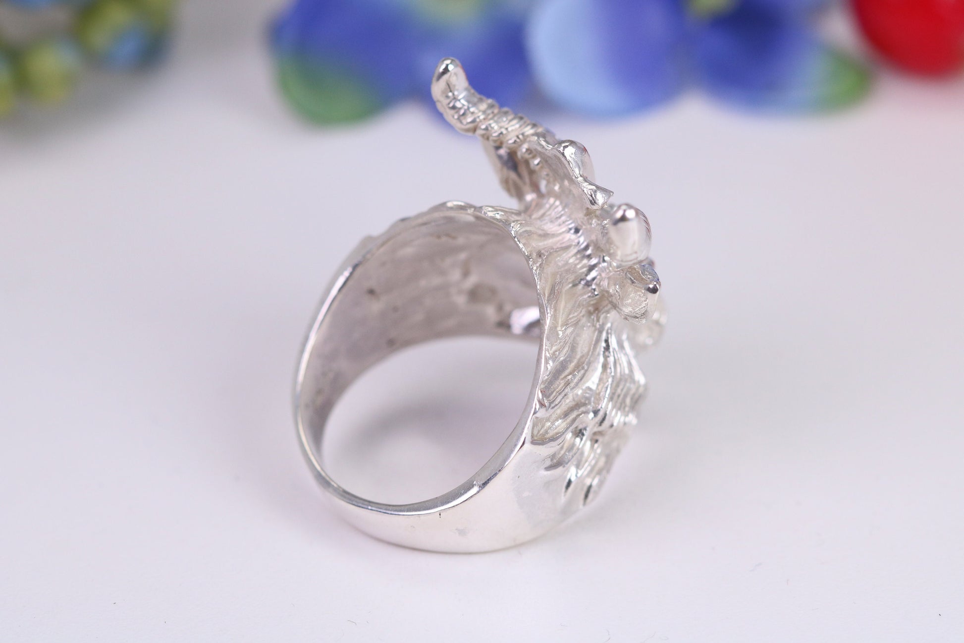 Very large and heavy Rams head ring, made from solid cast silver, British Hallmarked