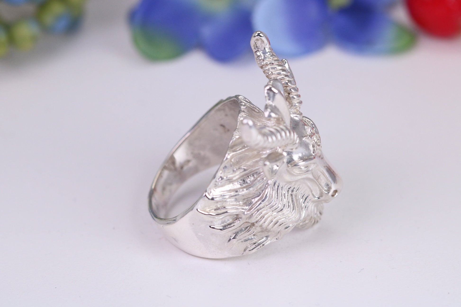 Very large and heavy Rams head ring, made from solid cast silver, British Hallmarked