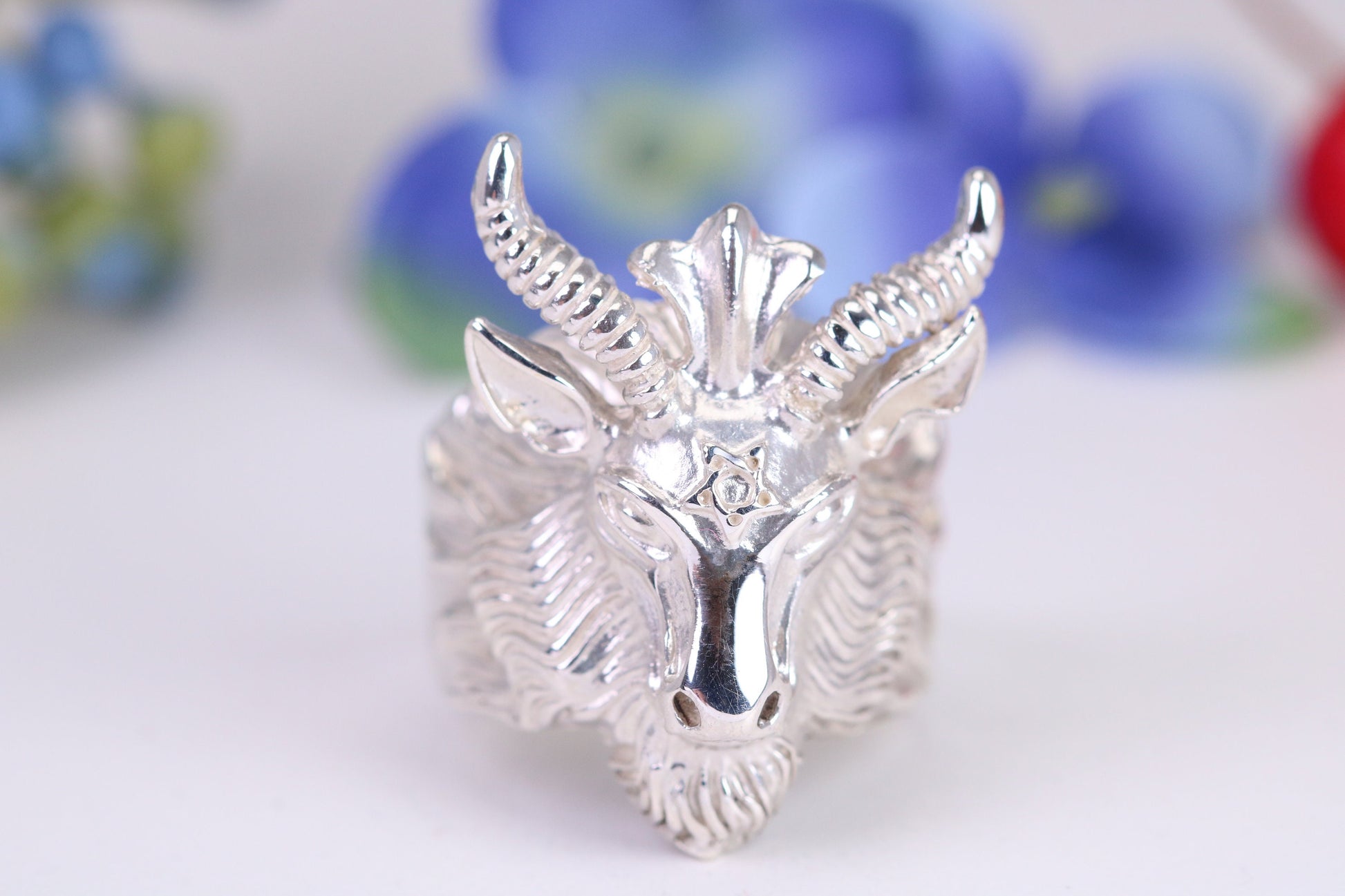 Very large and heavy Rams head ring, made from solid cast silver, British Hallmarked