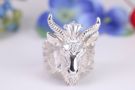 Very large and heavy Rams head ring, made from solid cast silver, British Hallmarked