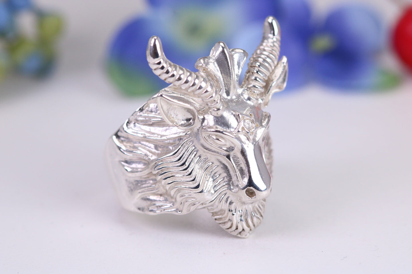 Very large and heavy Rams head ring, made from solid cast silver, British Hallmarked