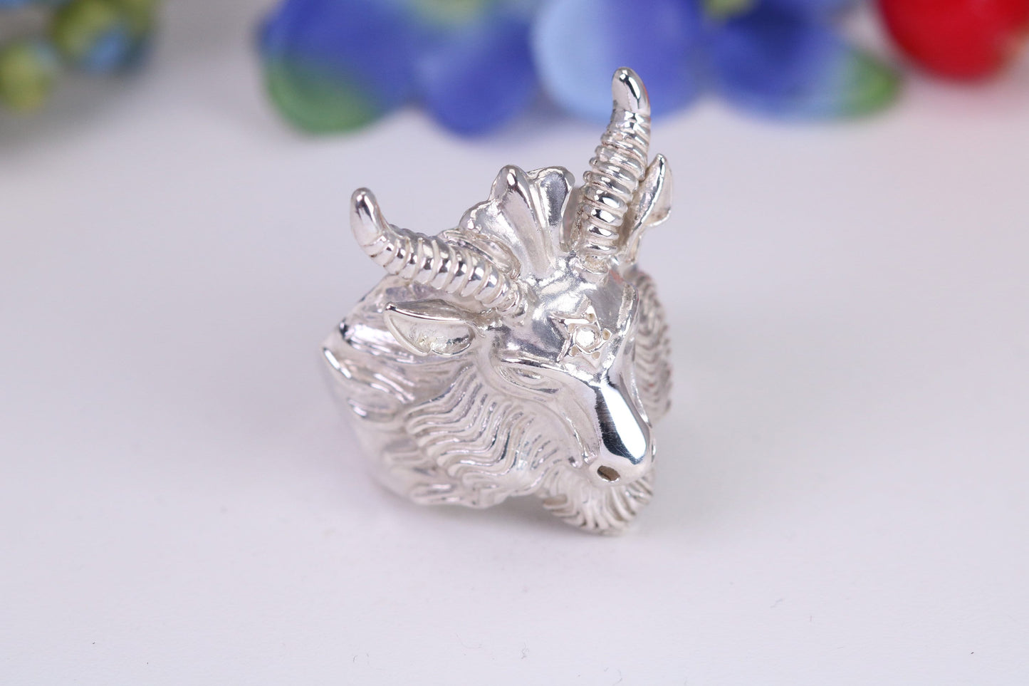 Very large and heavy Rams head ring, made from solid cast silver, British Hallmarked