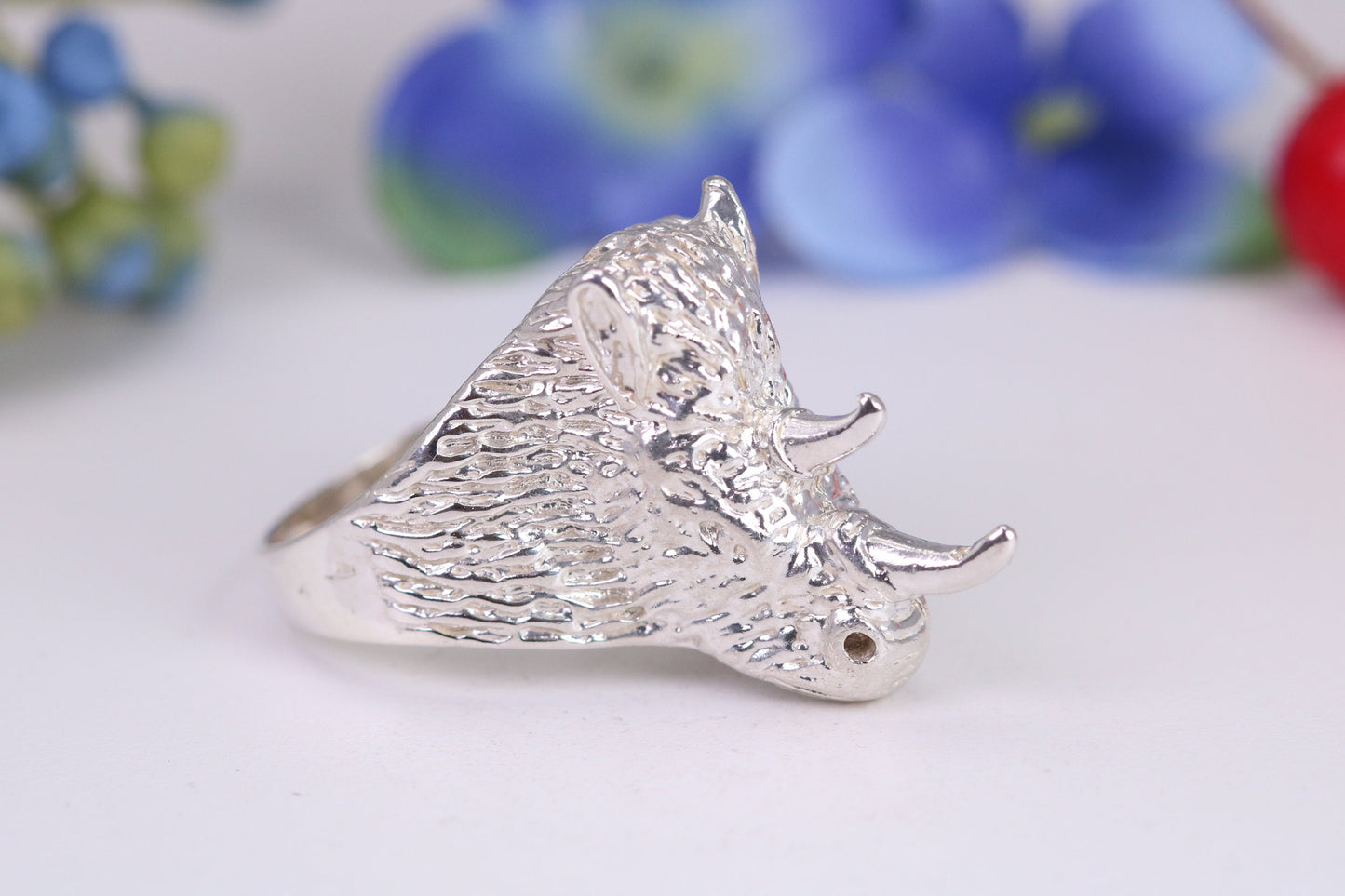 Very large and heavy Rhinoceros head ring, made from solid cast silver, British Hallmarked