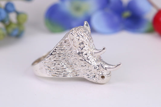Very large and heavy Rhinoceros head ring, made from solid cast silver, British Hallmarked