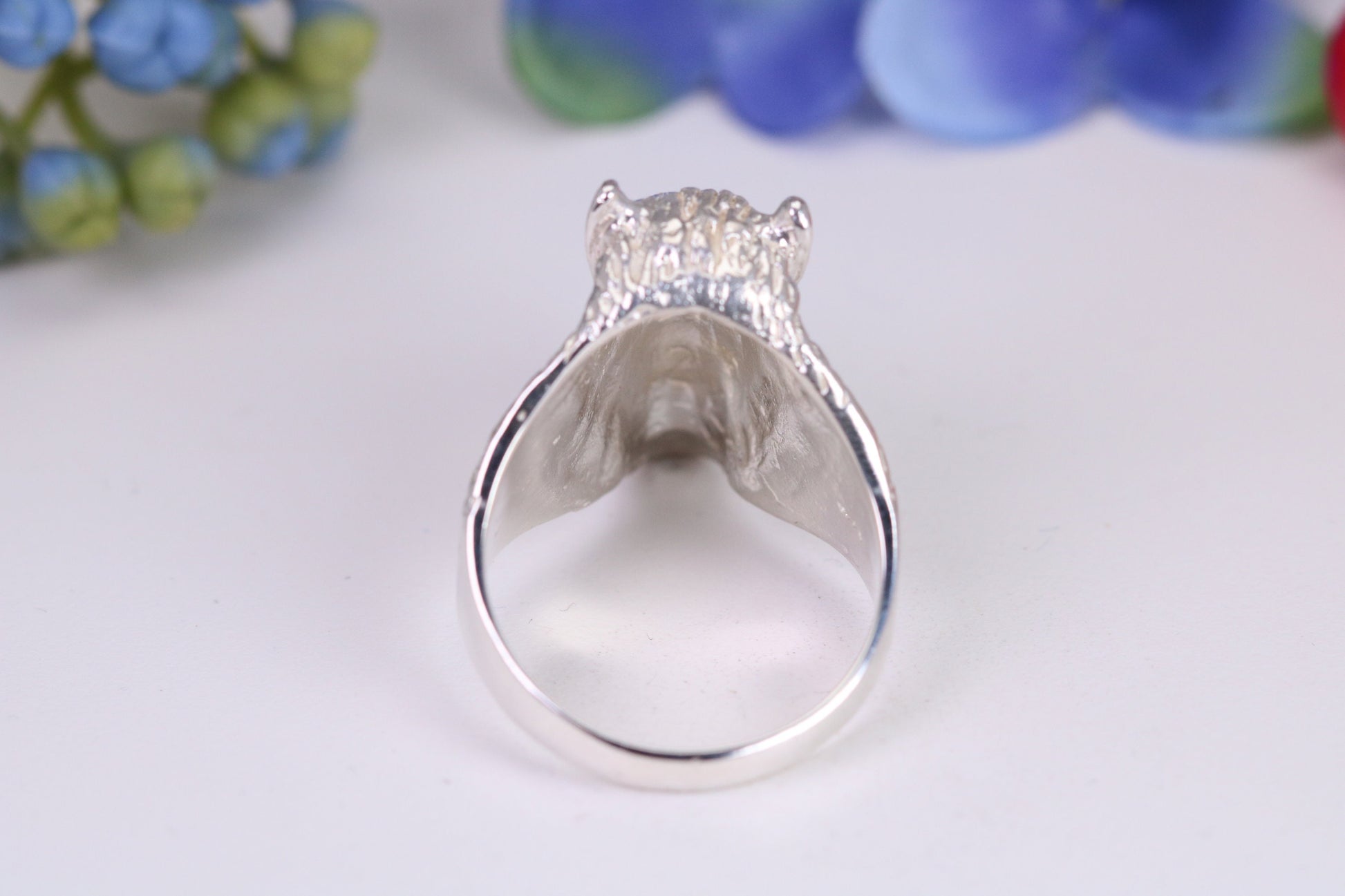 Very large and heavy Rhinoceros head ring, made from solid cast silver, British Hallmarked