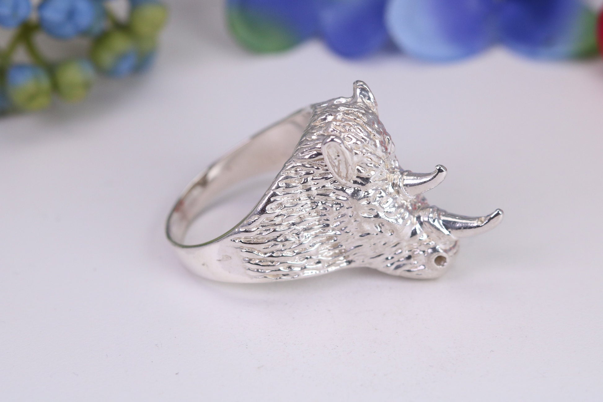 Very large and heavy Rhinoceros head ring, made from solid cast silver, British Hallmarked