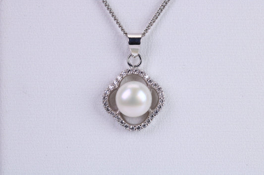 Natural Pearl and Cubic Zirconia set Necklace set in Solid Silver