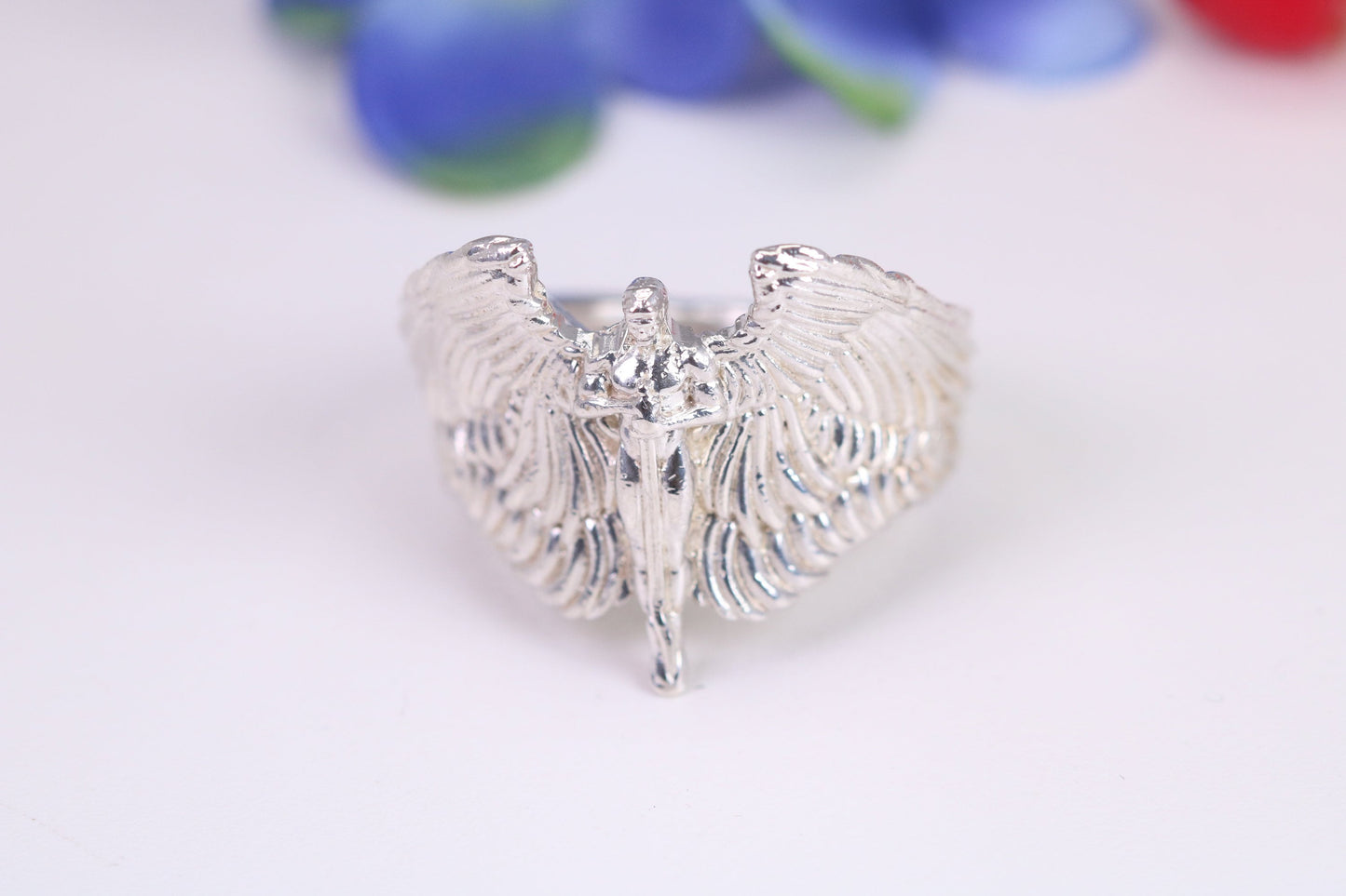 Very large Angel with spread wings ring, made from solid cast silver, British Hallmarked