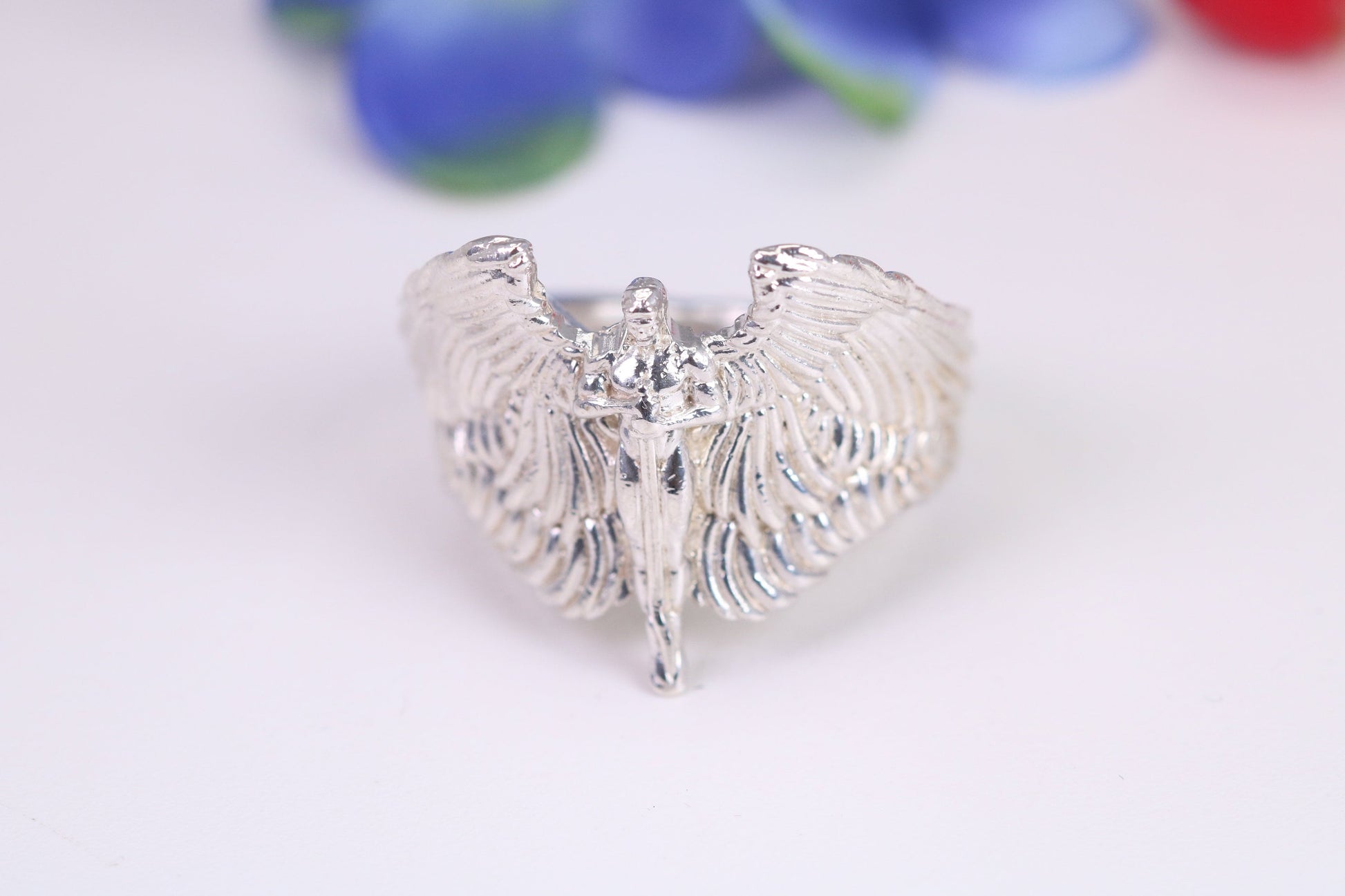 Very large Angel with spread wings ring, made from solid cast silver, British Hallmarked