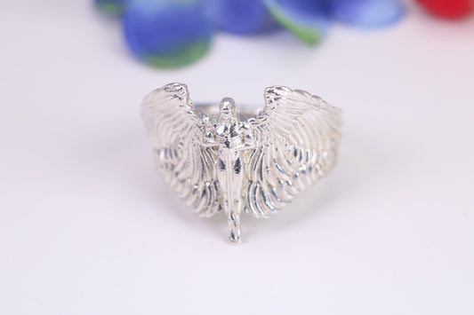 Very large Angel with spread wings ring, made from solid cast silver, British Hallmarked