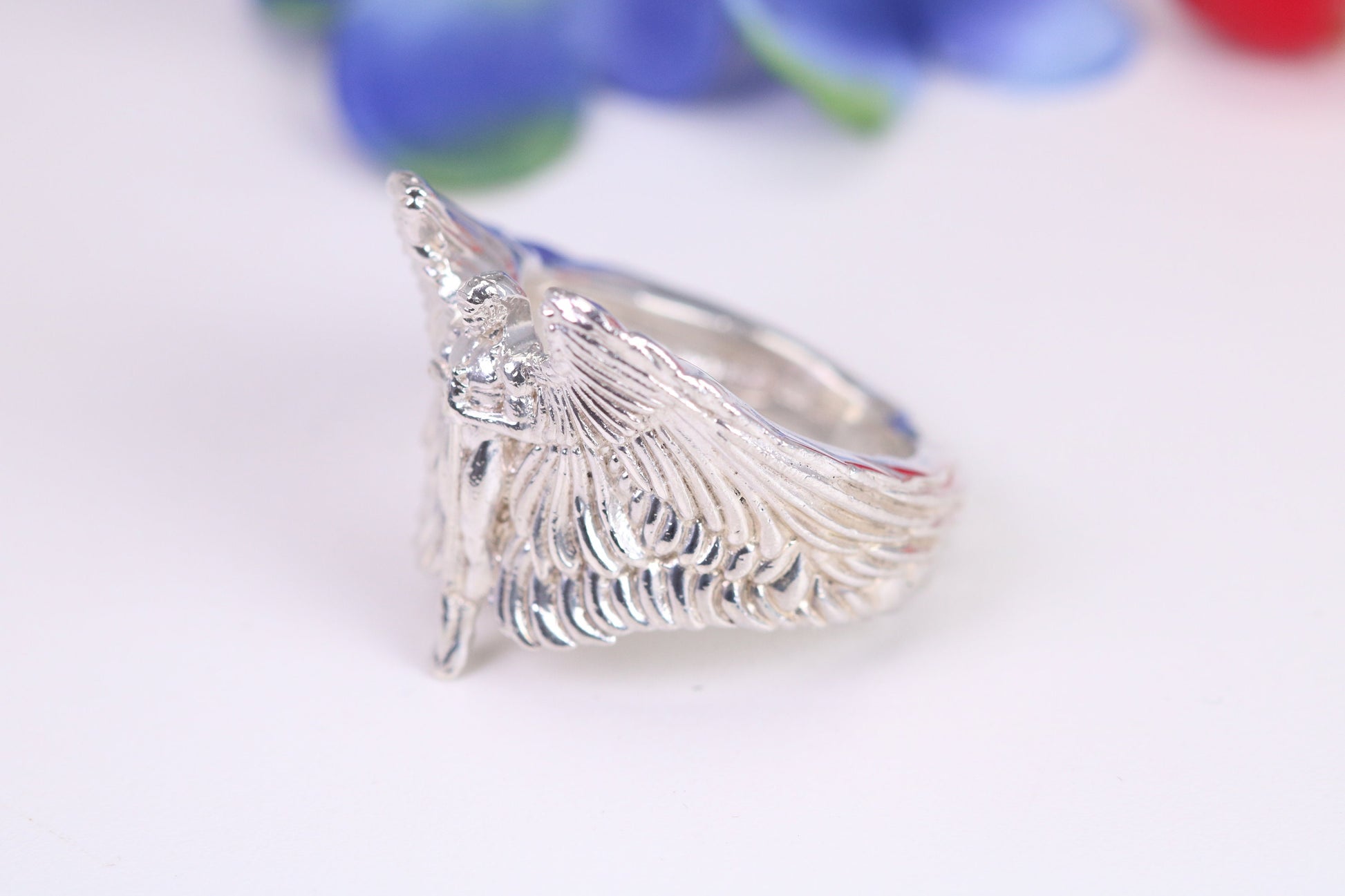 Very large Angel with spread wings ring, made from solid cast silver, British Hallmarked