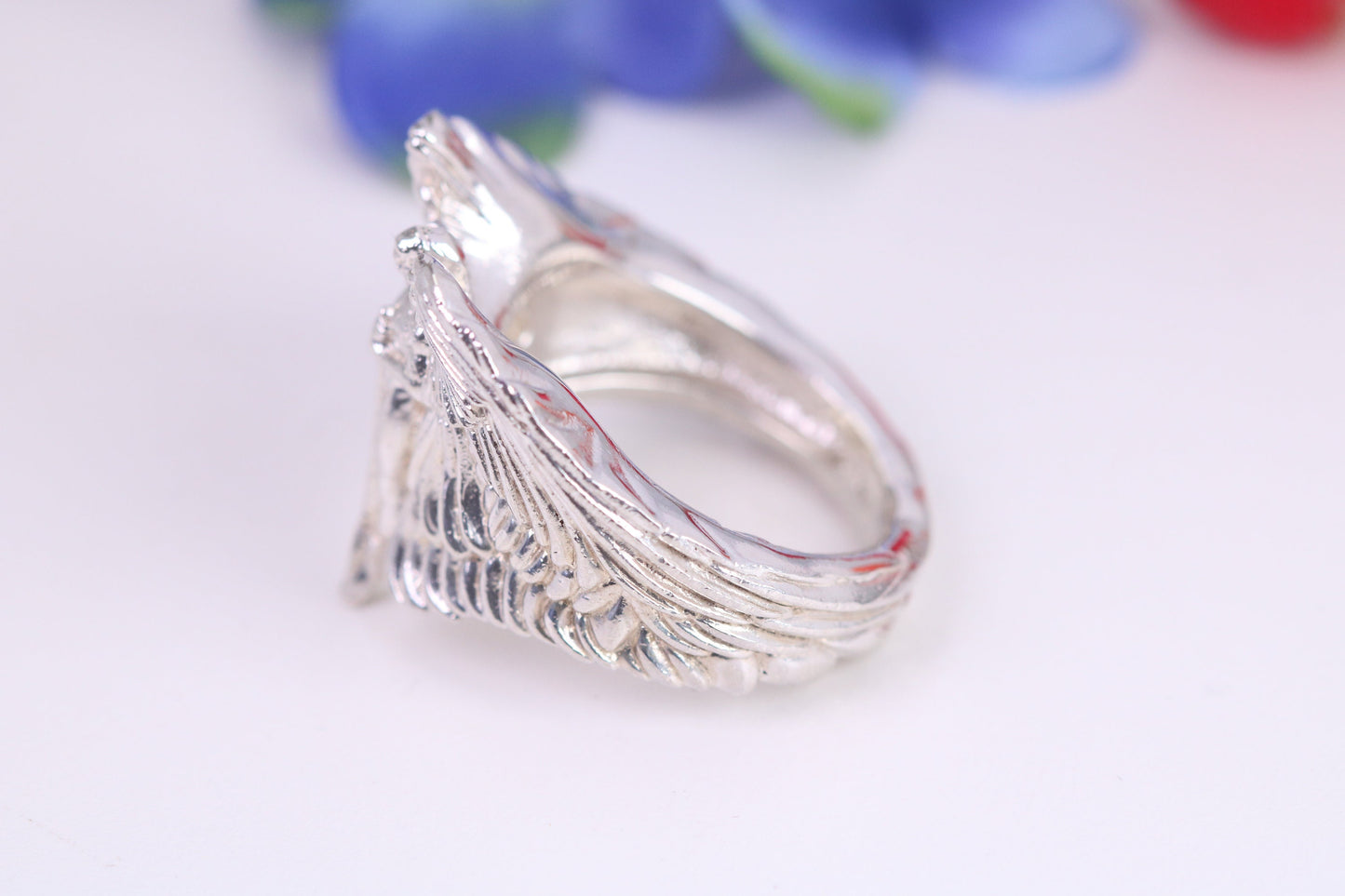 Very large Angel with spread wings ring, made from solid cast silver, British Hallmarked