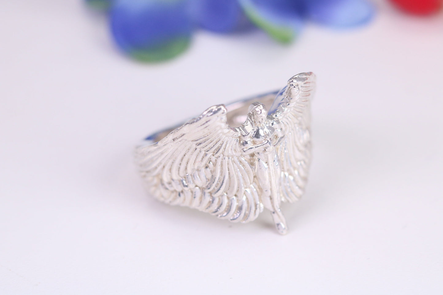 Very large Angel with spread wings ring, made from solid cast silver, British Hallmarked
