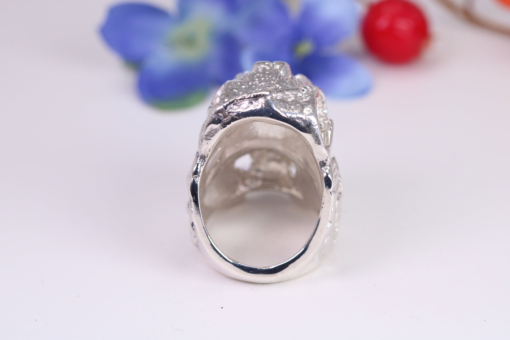 Very large detailed Skull Fanged ring, made from solid cast silver, British Hallmarked