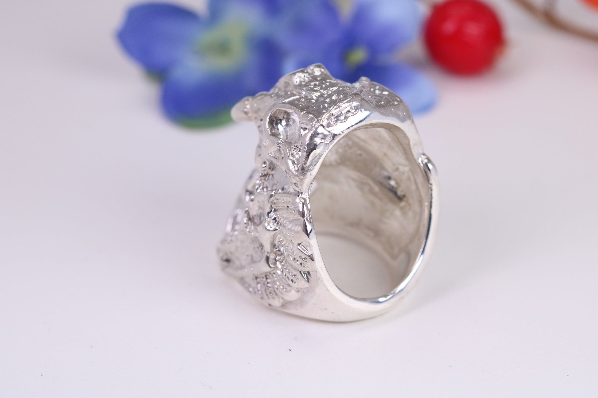 Very large detailed Skull Fanged ring, made from solid cast silver, British Hallmarked