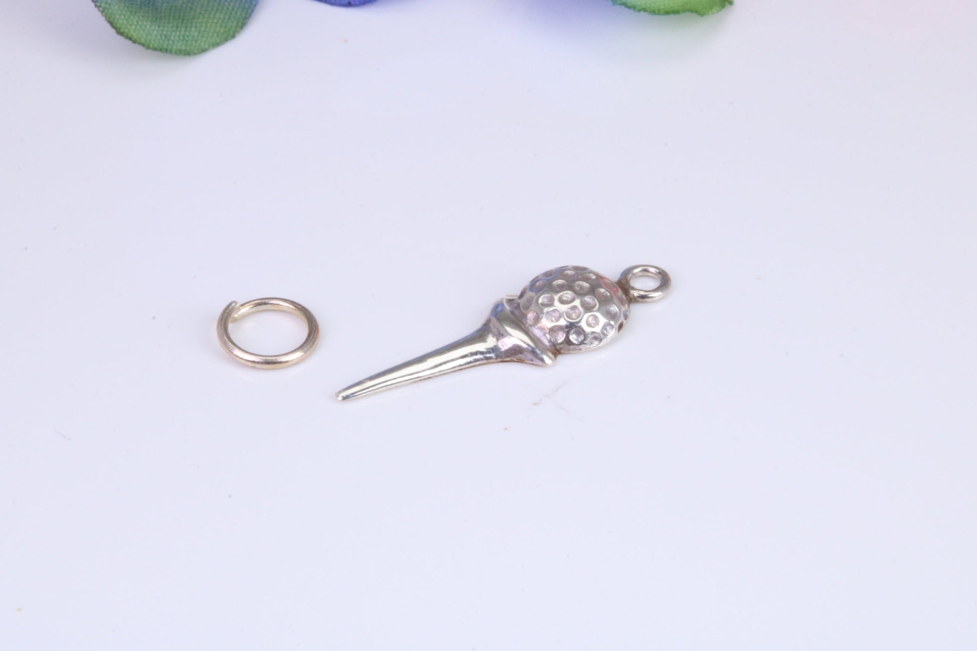 Golf Ball and Tee Charm, Traditional Charm, Made from Solid Cast 925 Grade Sterling Silver, Complete with Attachment Link