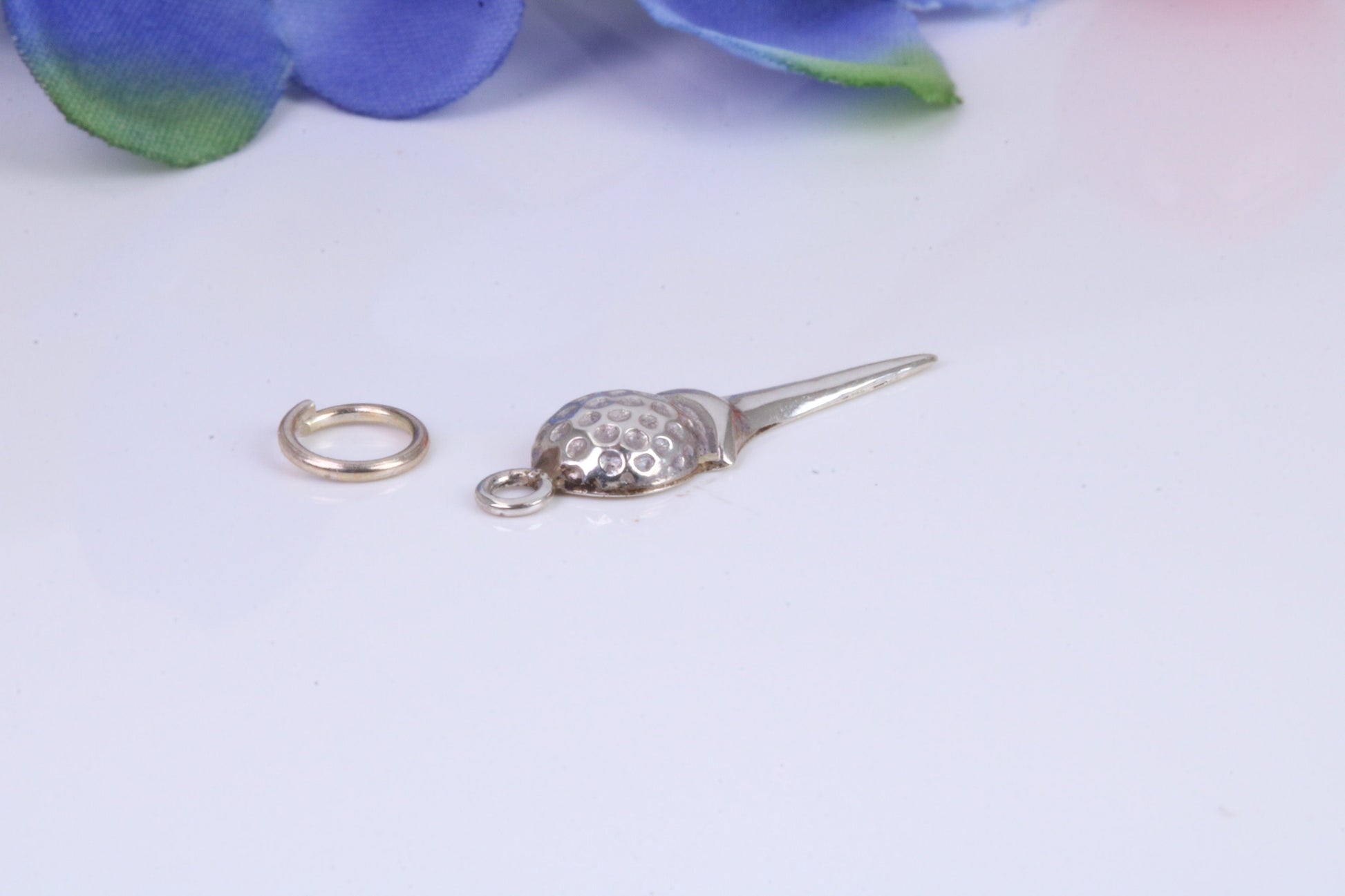 Golf Ball and Tee Charm, Traditional Charm, Made from Solid Cast 925 Grade Sterling Silver, Complete with Attachment Link