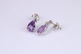 Amethyst and Diamond set Dropper Stud Earrings, Made from Solid White Gold